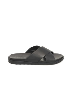 Schwarze Rutschen-Sandalen mit überkreuzten synthetischen Riemen, flacher Sohle und strukturiertem Gummiunterseite. Sie zeichnen sich durch ein minimalistisches Design ohne sichtbare Beschläge aus.