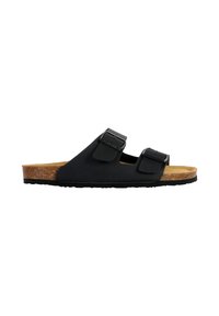 Sort sandal med to stropper og justerbare spænder, korkbund og gummisål. Glat mat finish på det øverste materiale.