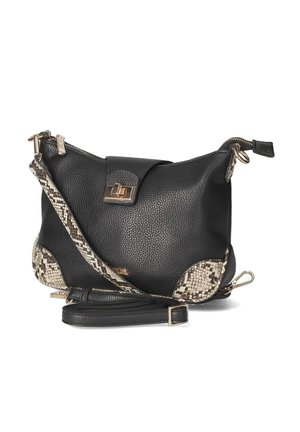 Sac à main en cuir noir texturé avec fermoir doré, bandoulière réglable à motif serpent et détails d'angle à motif serpent.