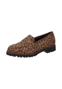 Loafers met luipaardprint, voorzien van een zachte bovenkant van bruin stof, versterkte neus en een getextureerde rubberen zool voor verbeterde grip en duurzaamheid.