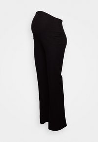 Czarne spodnie ciążowe o prążkowanej teksturze. Wysoki stan dla wsparcia, prosty krój nogawki oraz miękki materiał dla komfortu.