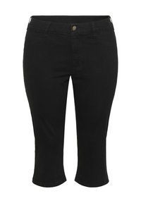 Jeans capri neri realizzati in denim morbido, con un classico design a cinque tasche, chiusura con bottone e un taglio dritto fino a metà polpaccio.