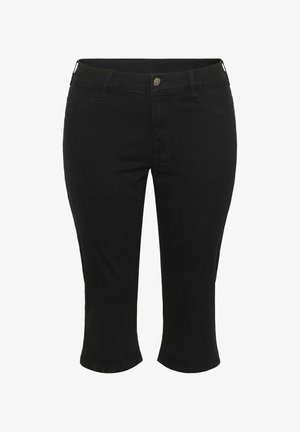 Schwarze Capri-Jeans aus weichem Denim, mit klassischem Fünf-Taschen-Design, Knopfverschluss und geradem Schnitt bis zur Wadenmitte.