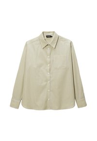 Chemise à manches longues rayée en jaune et vert. Comprend un col classique, une fermeture à boutons, une poche poitrine et un ourlet droit. Tissu léger.