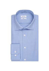 Camicia a quadri blu chiaro con colletto alla francese, bottoni bianchi e polsini singoli. Presenta un design slim fit e una texture di tessuto morbida.