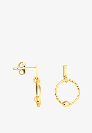 Goldene Creolen mit zwei miteinander verbundenen Kreisen, von denen einer mit einem kleinen kugelförmigen Akzent verziert ist, glänzender Oberfläche und Steckverschluss.