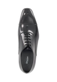 Black leather lace-up shoe with a rounded toe and square cap. Smooth texture with a glossy finish; features a logo inside and wide fit design.