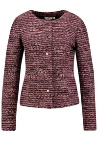 Veste bordeaux texturée avec des éclats de rose et de noir, encolure ronde, fermeture à boutons, et deux poches avant. Manches longues et coupe structurée.