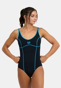 Bañador de una pieza negro con acentos azules. Presenta un escote en forma de pala y tirantes anchos, confeccionado en un material elástico y suave.