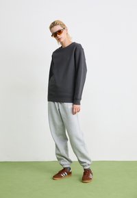 Felpa grigia scura, pantaloni della tuta grigi, scarpe da ginnastica marroni con strisce blu. Il modello indossa occhiali da sole arancioni. Design semplice, vestibilità rilassata.