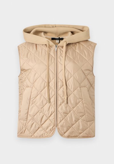 Μπεζ αμάνικο αδιάβροχο γιλέκο με φερμουάρ μπροστά, δύο πλαϊνές τσέπες και κουκούλα με κορδόνια.