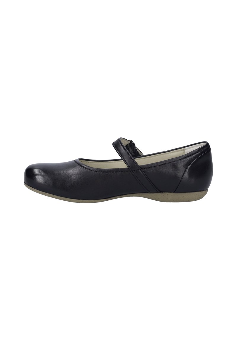 Chaussure Mary Jane en cuir noir avec un bout rond, une sangle croisée et une semelle en caoutchouc texturée et basse pour une meilleure adhérence et un confort accru.