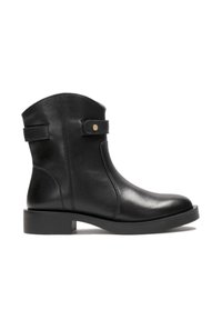 Black leather ankle boot with a rounded toe, flat sole, side buckle detail, and smooth texture. Features a seam at the back and a circular accent.