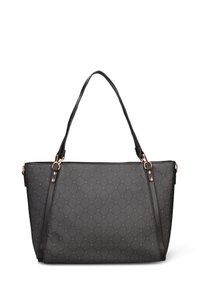 Borsa tote nera con una texture a motivo, dotata di due manici lunghi, chiusura con zip e dettagli in metallo color oro.