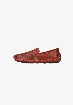 Brown perforated leather slip-on shoe with contrasting stitching, rounded toe, and textured rubber sole for grip.