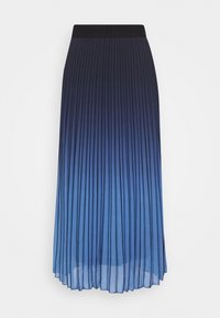 Jupe midi plissée bleu ombré avec une ceinture élastique noire et un tissu semi-transparent à l'ourlet.