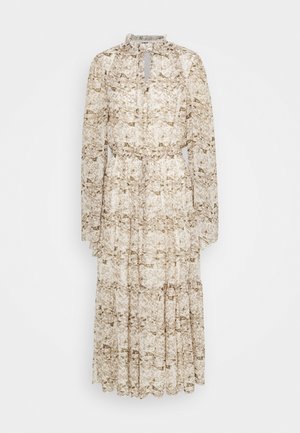 Beiges Midikleid mit langen Ärmeln und Blumenmuster, Stufenrock, hohem Ausschnitt mit Schlitz und Schleifendetail sowie betonter Taille.