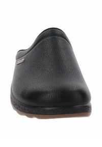 Scarpa slip-on in pelle nera con texture liscia, punta arrotondata e un dettaglio del logo discreto. Presenta una suola imbottita per il comfort.