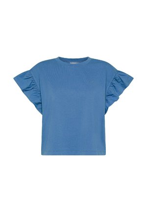 T-shirt in cotone blu con maniche corte a balze. Presenta un collo rotondo e un delicato ricamo sul petto. Tessuto morbido.