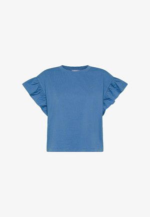 T-shirt in cotone blu con maniche corte a balze. Presenta un collo rotondo e un delicato ricamo sul petto. Tessuto morbido.