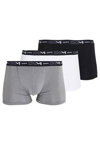 Drei Paare Herrenboxershorts in Grau, Weiß und Schwarz. Hergestellt aus weichem Stoff mit einem breiten schwarzen Bund, der das "DIM"-Logo trägt.