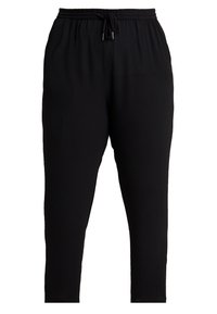 Černé, těsně padnoucí kalhoty s elastickým pasem a nastavitelnou šňůrkou, vhodné na volný čas nebo jako domácí oblečení.
