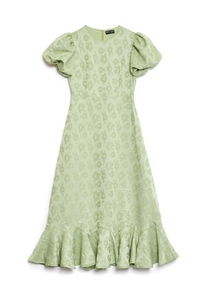 Vestido verde claro com mangas bufantes, tecido texturizado com flores e uma bainha rodante. Possui um fecho de zip na parte de trás.