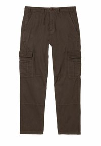 Braune Cargo-Hosen mit mehreren Seitentaschen, aus strapazierfähigem Stoff, mit Knopfverschluss und gesteppten Details.