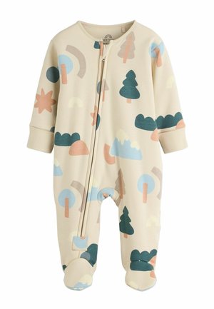 Beżowy śpioch dla niemowląt z suwakiem z przodu, ozdobiony pastelowymi abstrakcyjnymi kształtami, drzewami, górami i chmurami w kolorach niebieskim, zielonym, różowym i brzoskwiniowym.