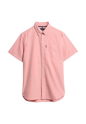 Short-sleeve button-up shirt in light pink cotton fabric, featuring a chest pocket and rounded hem with a small brand tag on the side.