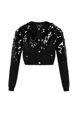 Schwarze, kurze Strickjacke mit einem Pailletten-verzierten Design an den Schultern, goldenen Knöpfen und zwei Fronttaschen mit Klappen.