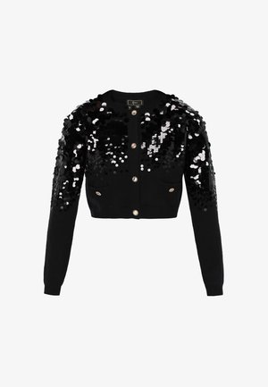 Schwarze, kurze Strickjacke mit einem Pailletten-verzierten Design an den Schultern, goldenen Knöpfen und zwei Fronttaschen mit Klappen.