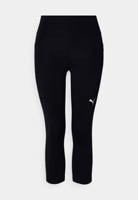 Leggings capri noirs en tissu extensible, dotés d'une taille haute et d'un petit logo blanc sur le côté gauche. Texture lisse.