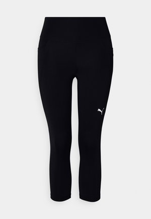 Sort capri leggings fremstillet af strækbart materiale, med høj talje og et lille hvidt logo på venstre side. Glat tekstur.