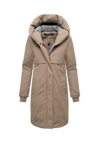 Beige winterjas met een grote, gewatteerde capuchon, een rits aan de voorkant en zijzakken. Glad materiaal met een zachte binnenvoering en knopen op de mouwen.