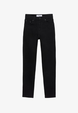 Jeans neri slim-fit con tasche frontali, passanti per cintura e chiusura con bottone, mostrati su sfondo bianco.