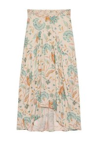 Falda maxi floral en tejido beige claro con diseño plisado. Presenta patrones en turquesa y óxido, y una cinturilla decorativa de encaje.