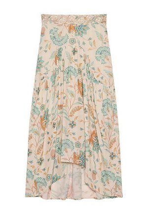 Falda maxi floral en tejido beige claro con diseño plisado. Presenta patrones en turquesa y óxido, y una cinturilla decorativa de encaje.