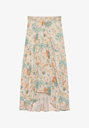 Falda maxi floral en tejido beige claro con diseño plisado. Presenta patrones en turquesa y óxido, y una cinturilla decorativa de encaje.
