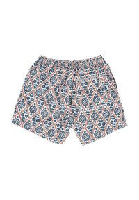 Pantaloni corti da uomo stampati con un motivo geometrico blu, arancione e bianco; vita elastica; tessuto leggero; vestibilità ampia.