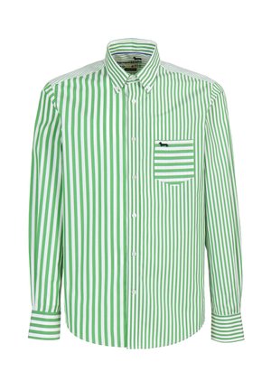 Camicia a righe verdi e bianche, modello con bottoni, maniche lunghe, taschino singolo sul petto con motivo a righe, tessuto in cotone, vestibilità casual.