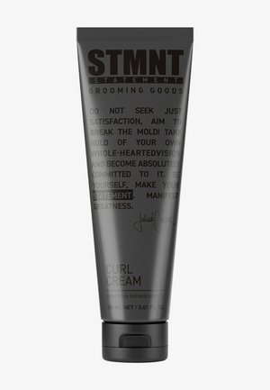 Schwarze Kunststofftube für Lockencreme mit fettem weißen Text. Verschluss am Boden, Fassungsvermögen 150 ml, minimalistisches Design mit matter Oberfläche.