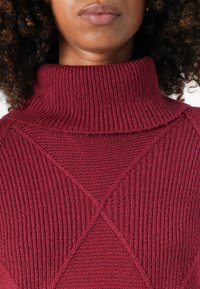 Bordeauxfarbener gestrickter Rollkragenpullover mit geripptem Kragen und strukturierten diagonalen Mustern. Weicher Stoff, enganliegendes Design.