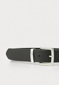 Black leather belt with a smooth texture, featuring a silver metal buckle, and a classic design. Includes holes for adjustable sizing.