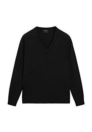 Maglione nero a scollo a V realizzato in morbido tessuto a maglia. Caratterizzato da maniche lunghe, polsini e orlo a coste, con una vestibilità comoda e dettagli minimali.