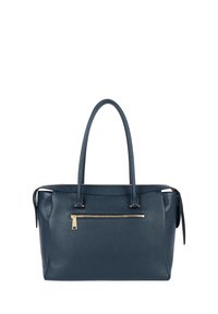 Donkerblauwe leren handtas met twee handvatten en een voorvak met rits en een goudkleurige ritssluiting.