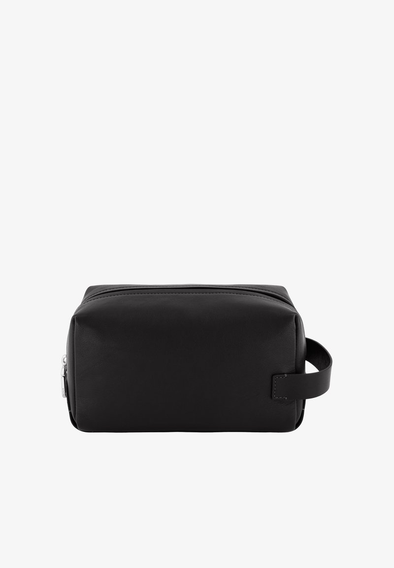 Trousse de toilette rectangulaire en cuir noir avec fermeture éclair et poignée latérale, présentée sur un fond blanc.