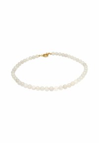 Klarer Perlenhalskette aus polierten Steinkugeln mit einem goldfarbenen Verschluss. Die Perlen sind gleichmäßig in der Größe und erzeugen eine glatte, glänzende Textur.