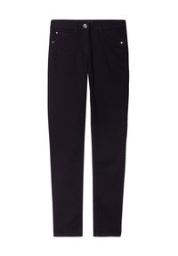 Jeans stretch noirs avec une coupe slim, dotés de cinq poches, d'une fermeture à bouton sur le devant et de subtils accents de couture. Texture lisse.