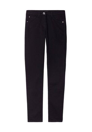 Schwarze Stretch-Jeans mit schmaler Passform, fünf Taschen, vorderer Knopfverschluss und dezenten Steppnähten. Glatter Stoff.